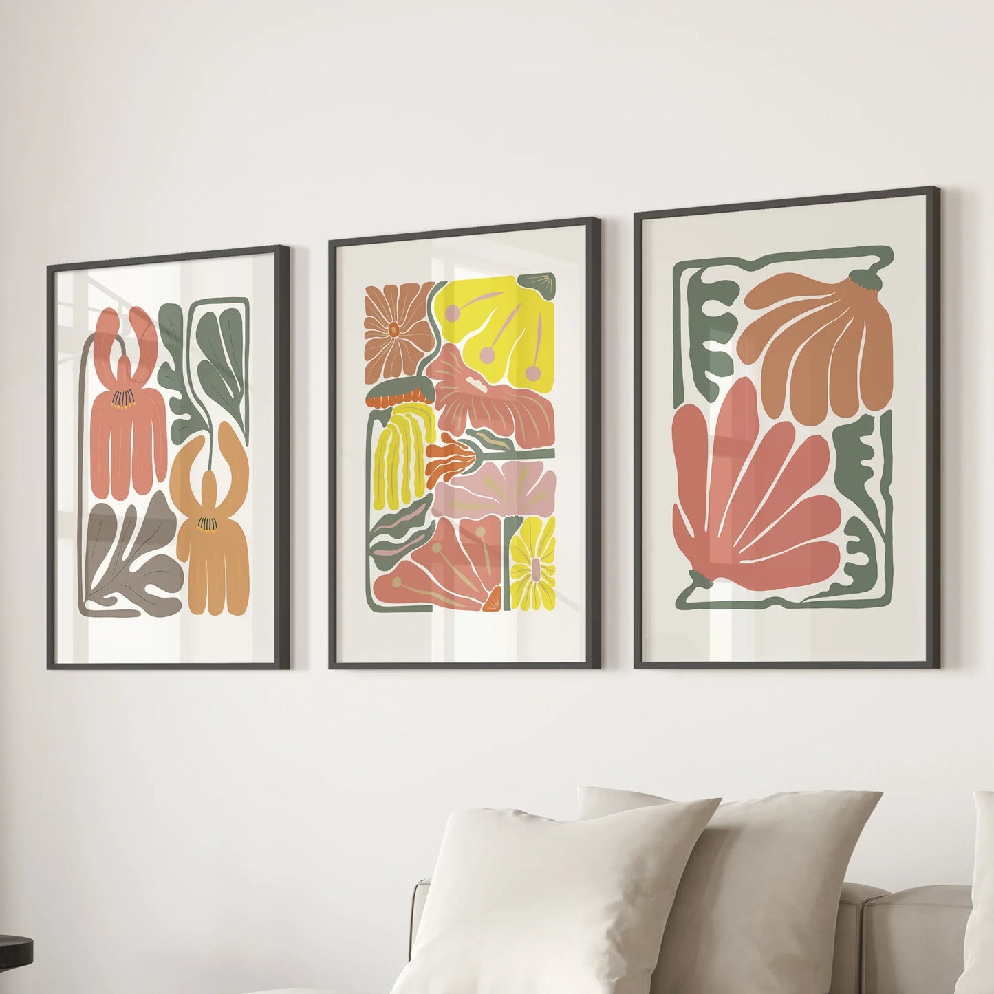 Boho Botanical Wall Art Set of 3 Abstract Flower Prints