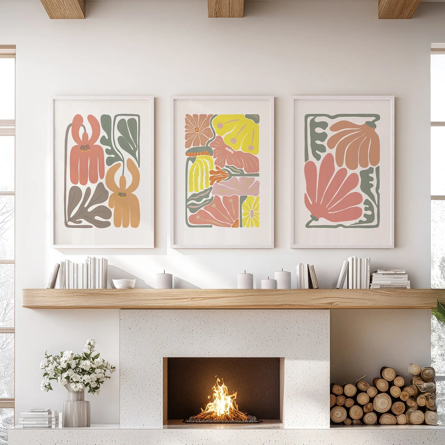 Boho Botanical Wall Art Set of 3 Abstract Flower Prints