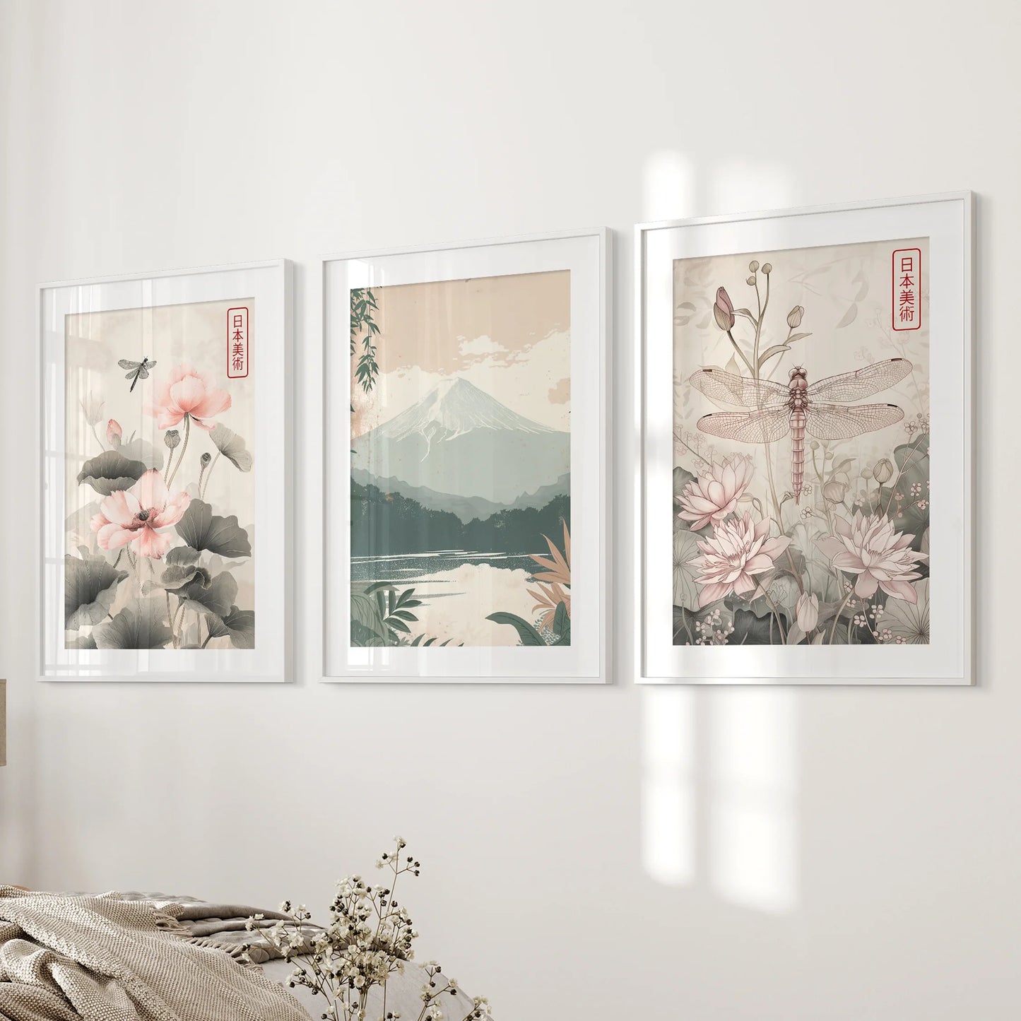 Japandi Botanical Wall Art, Floral and Mountain Set of 3
