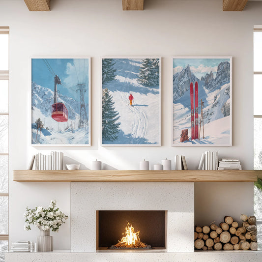 Snowy Mountain Ski Wall Art, 3 Piece Winter Print Set