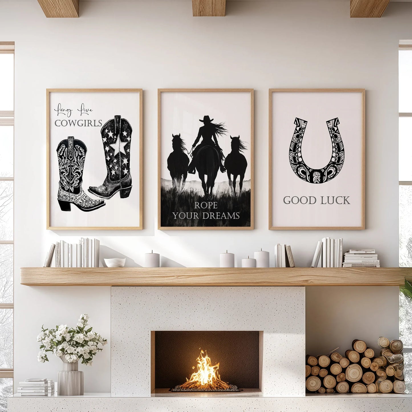 Western Cowgirl Wall Art Set of 3 Black and White Prints