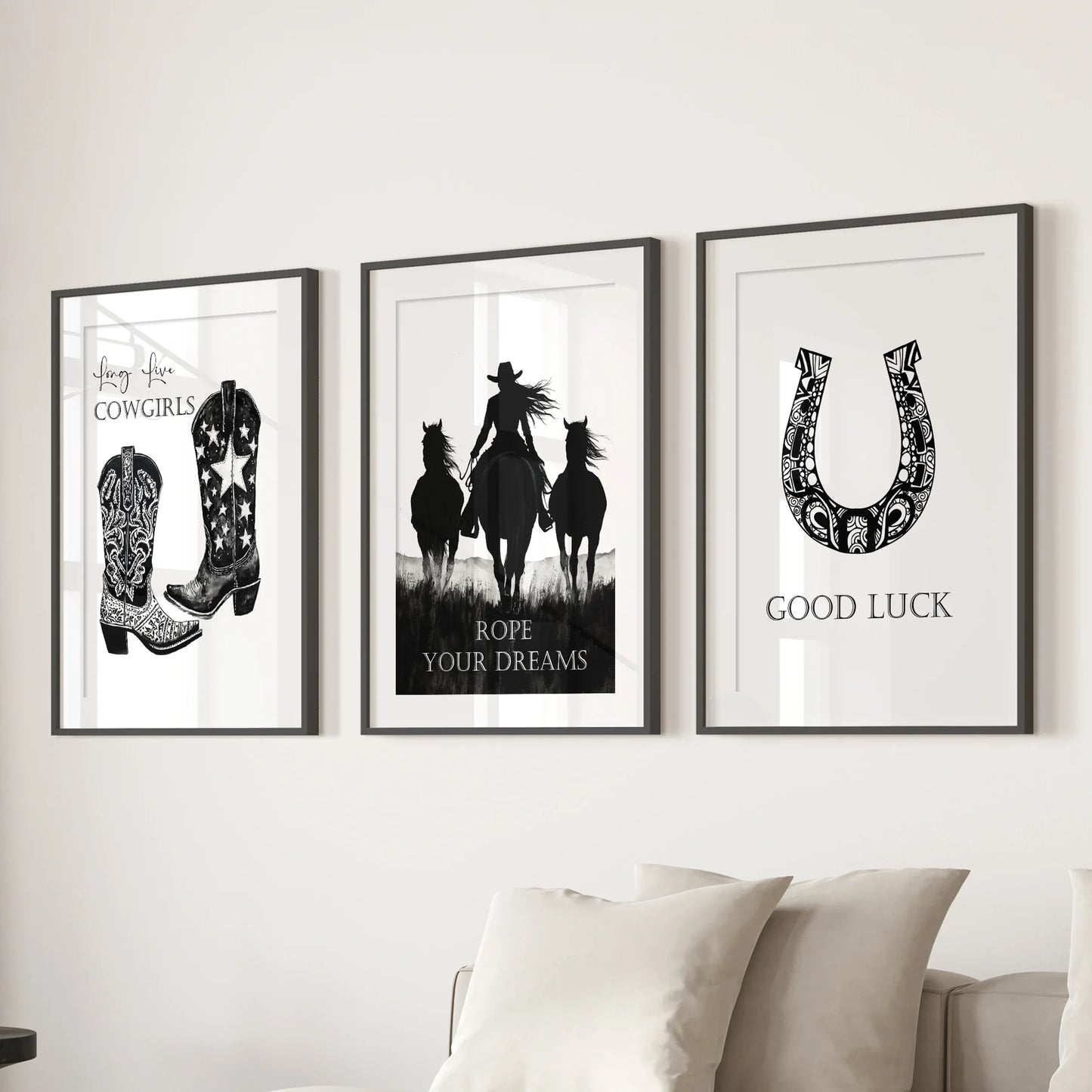 Western Cowgirl Wall Art Set of 3 Black and White Prints