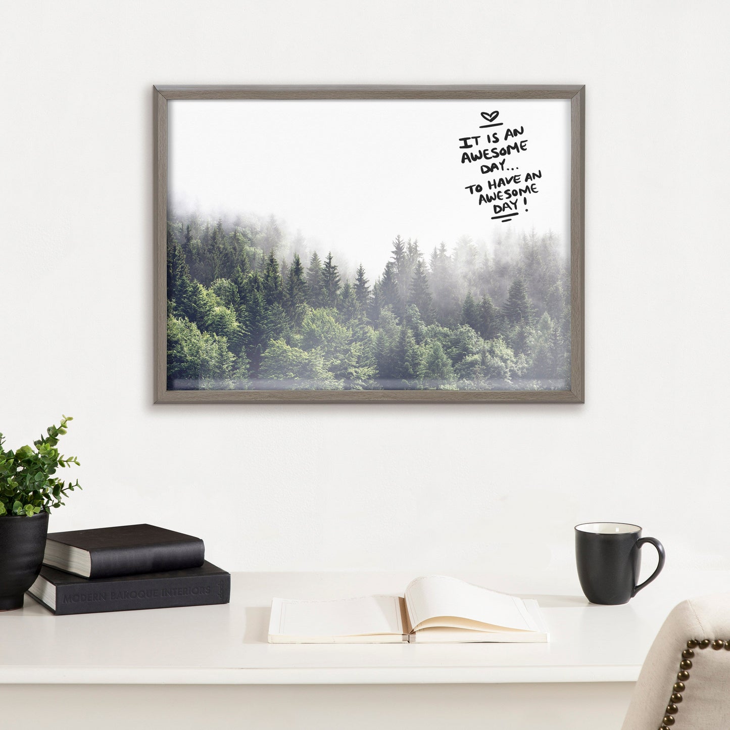Lush Green Forest Foggy Day Framed Glass Wall Art