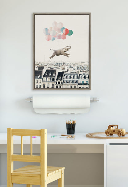 Happy Elephant in Paris Framed Canvas Wall Art Print