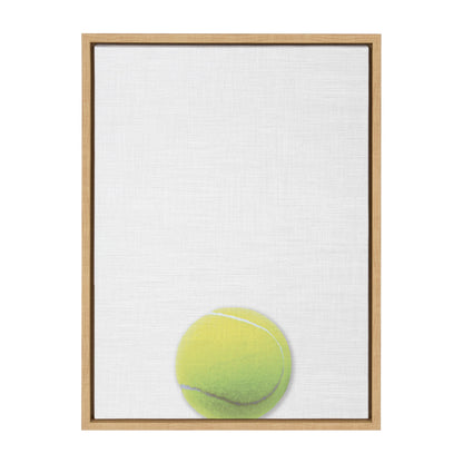 Colorful tennis ball framed canvas wall art in a natural wood frame, ready to hang