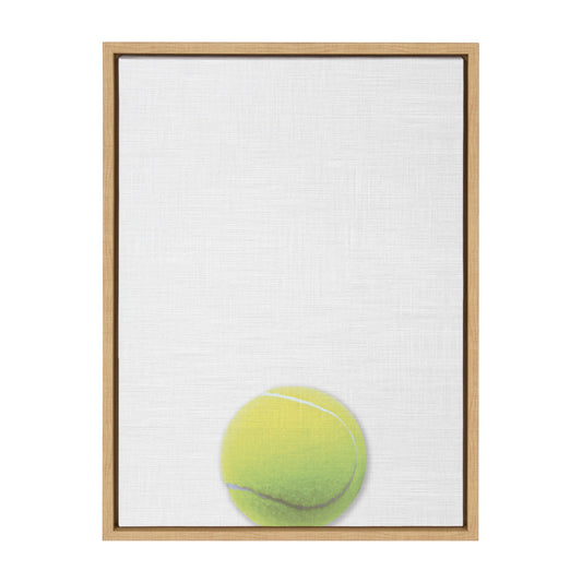 Colorful tennis ball framed canvas wall art in a natural wood frame, ready to hang