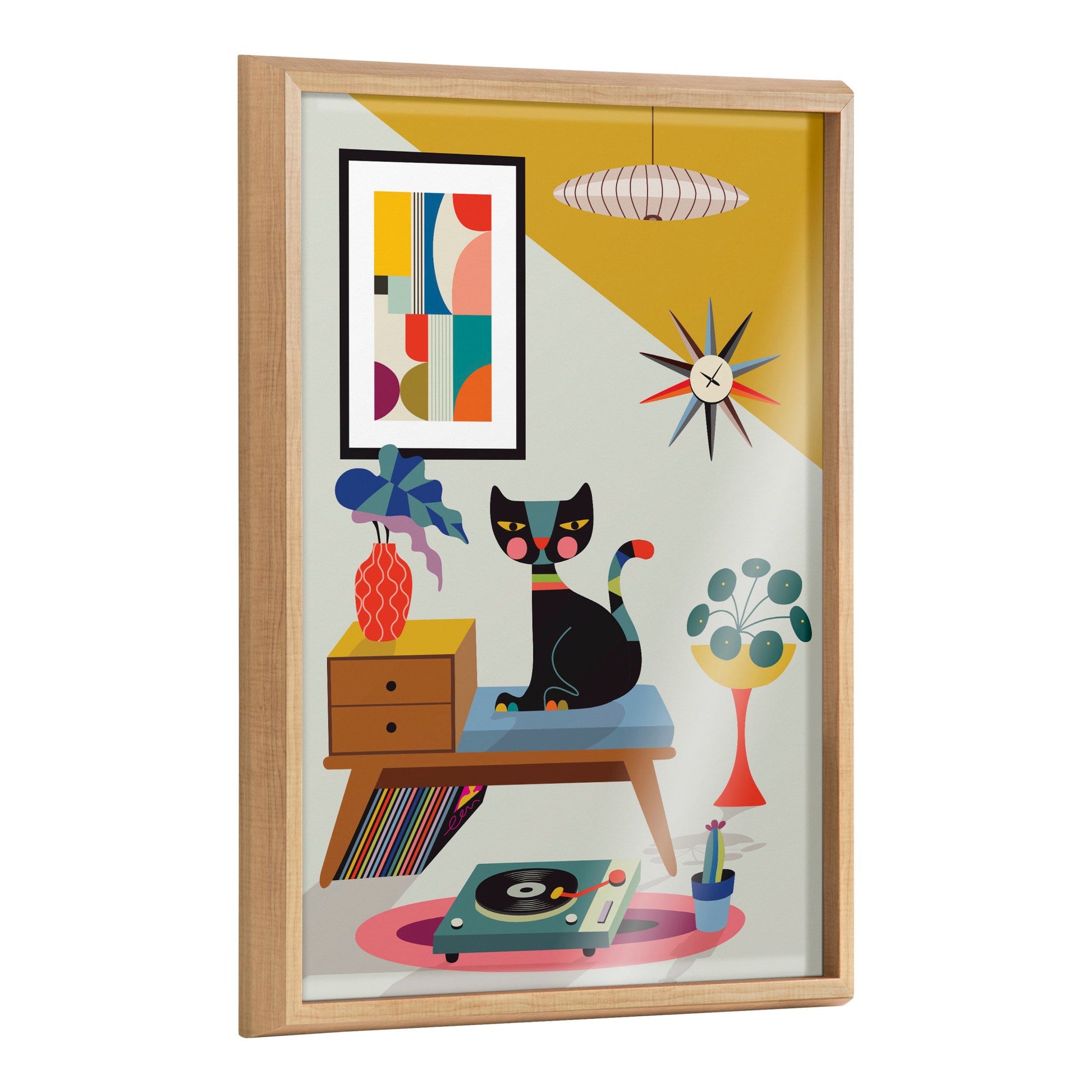 Record player cat framed wall art print