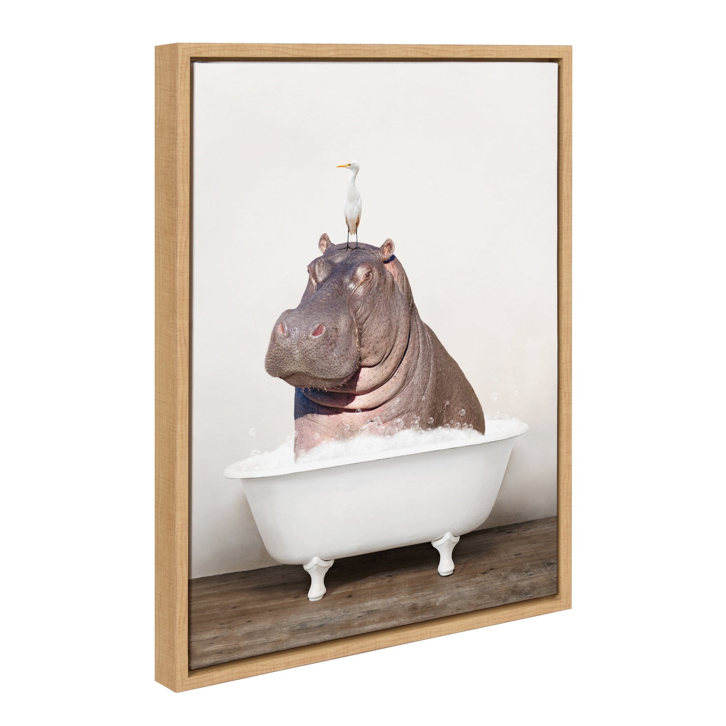 Hippo and Bird in Rustic Bath Framed Canvas Art