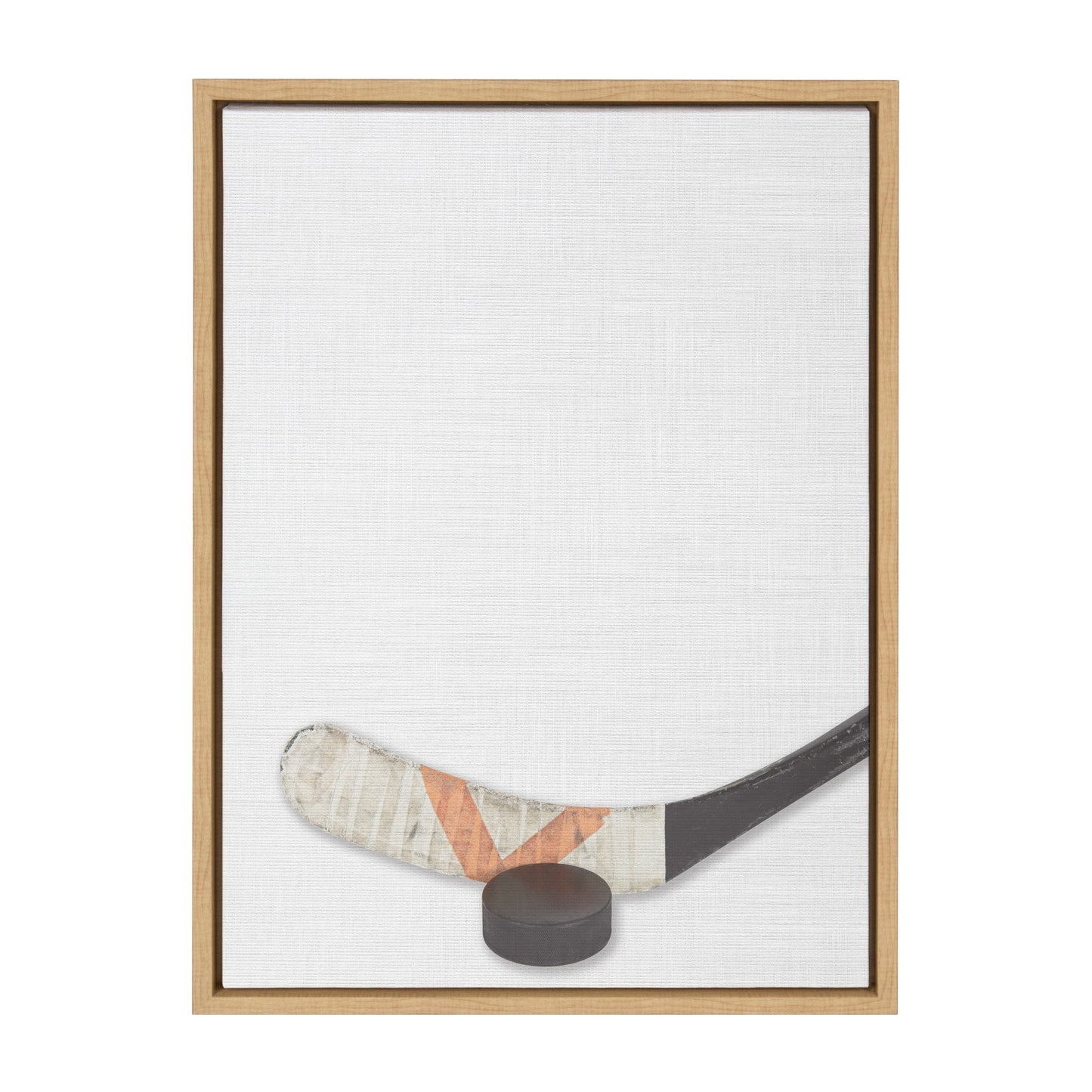 Hockey stick and puck framed canvas wall art in natural wood frame, easy to hang