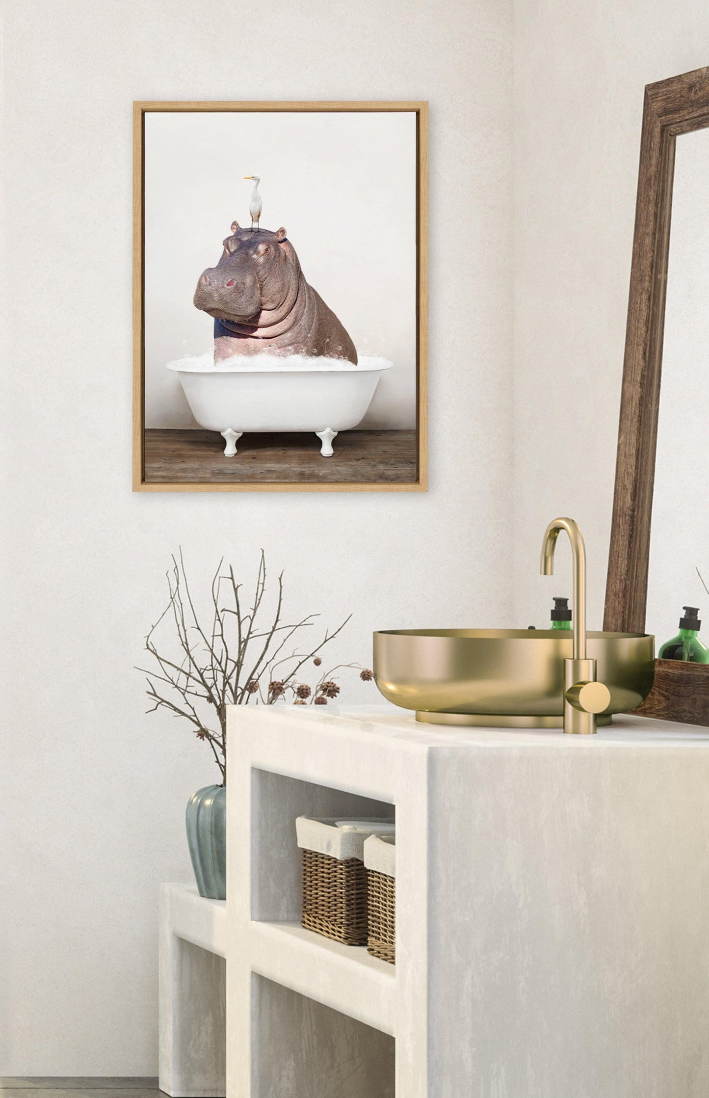 Hippo and Bird in Rustic Bath Framed Canvas Art