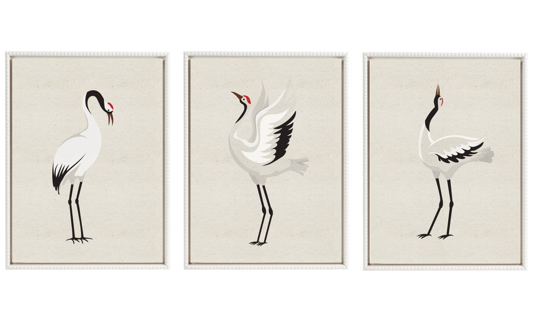 Japanese crane bird framed canvas wall art set of three