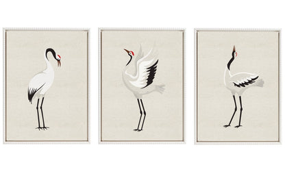 Japanese crane bird framed canvas wall art set of three