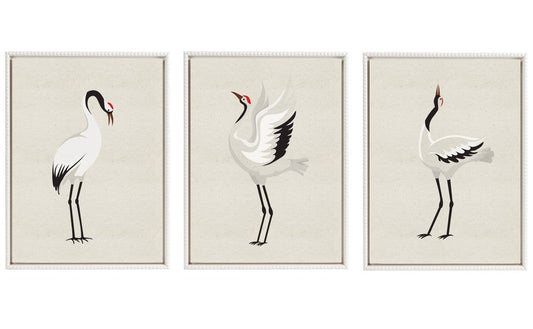 Japanese crane bird framed canvas wall art set of three