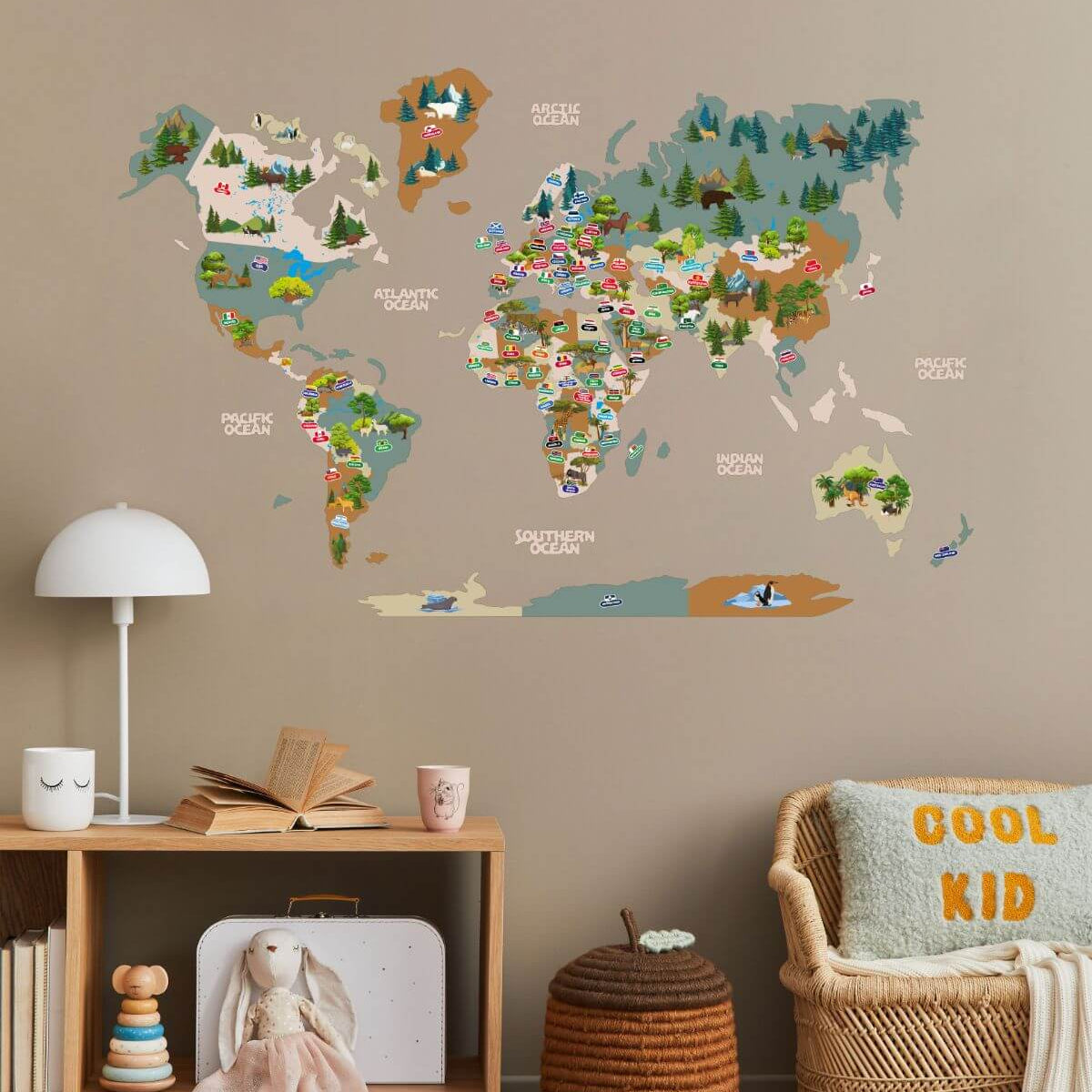 Wooden kids world map wall art with pins