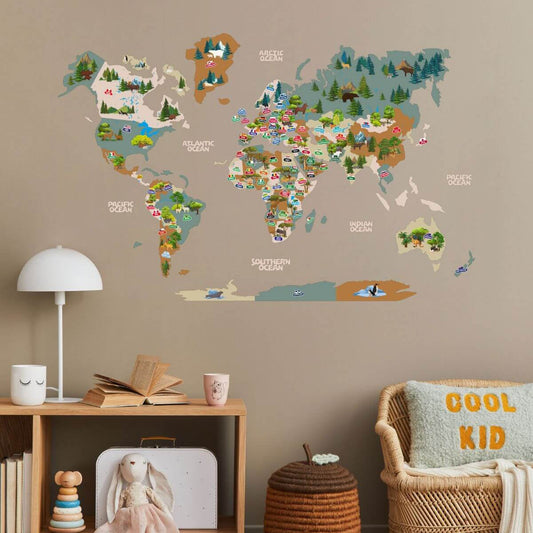 Wooden kids world map wall art with pins