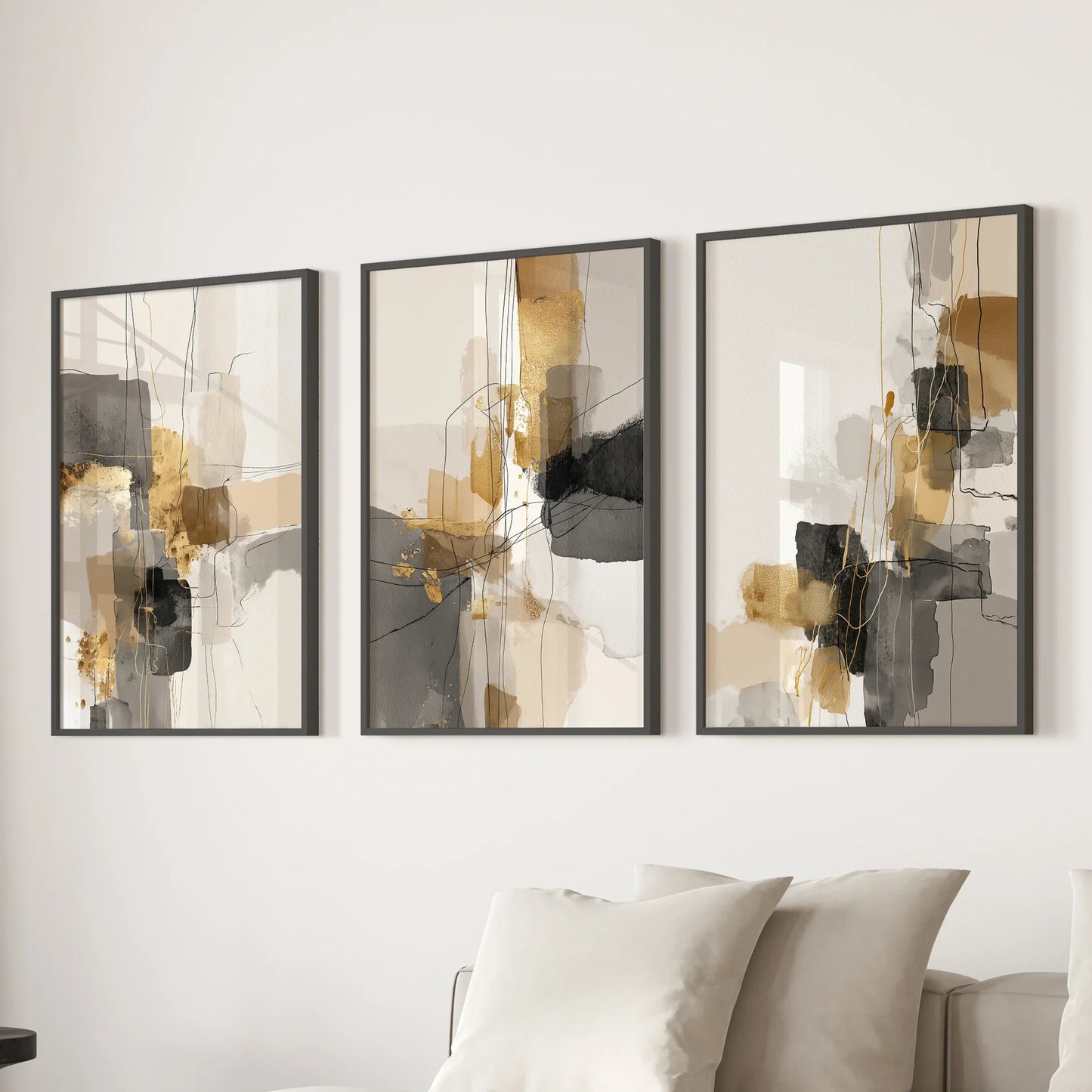 Neutral Abstract Wall Art Set of 3 Beige Gray Gold Prints