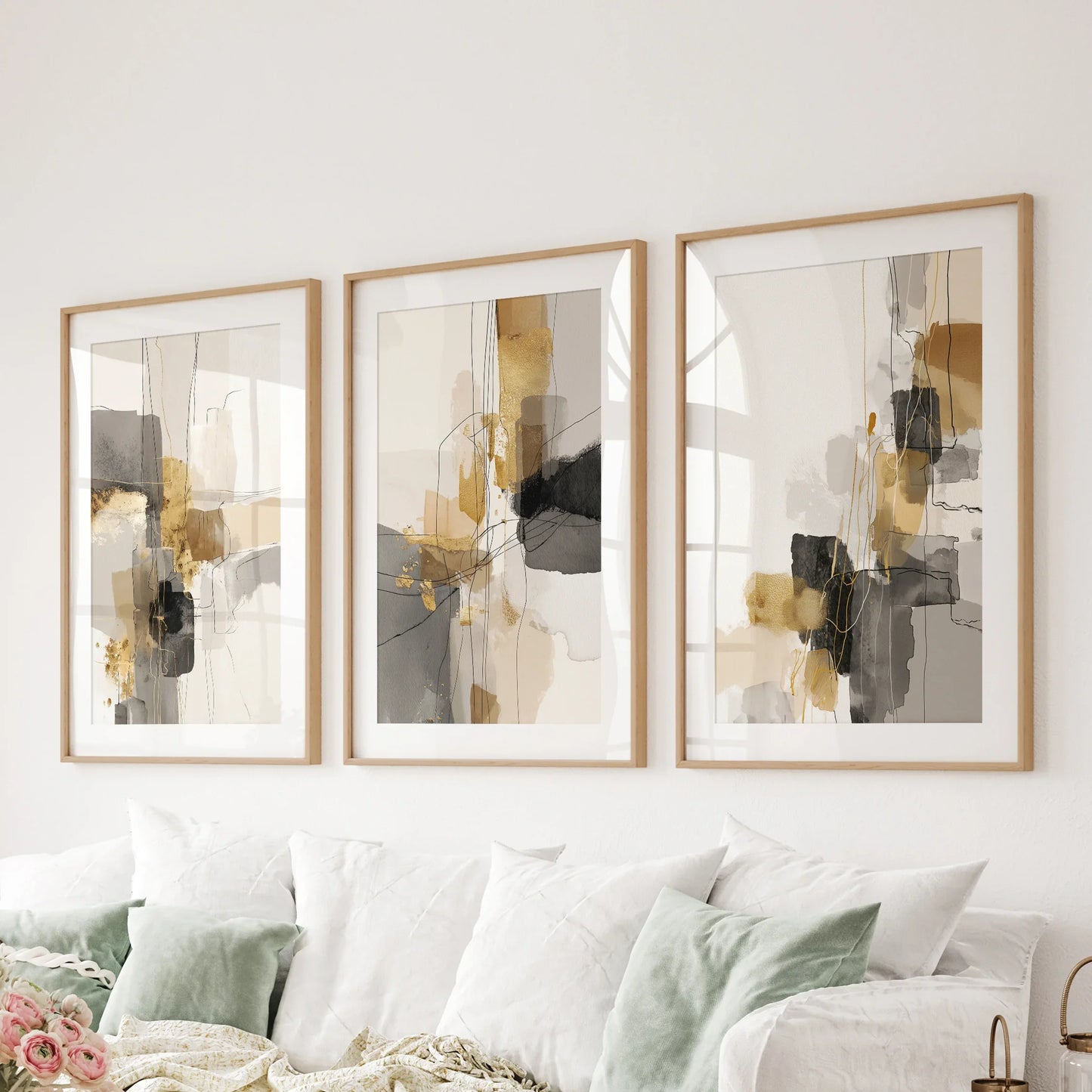 Neutral Abstract Wall Art Set of 3 Beige Gray Gold Prints