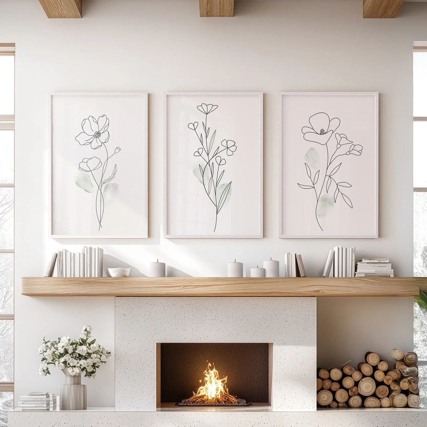 Modern Botanical Line Art Wall Art Set of 3 Floral Prints