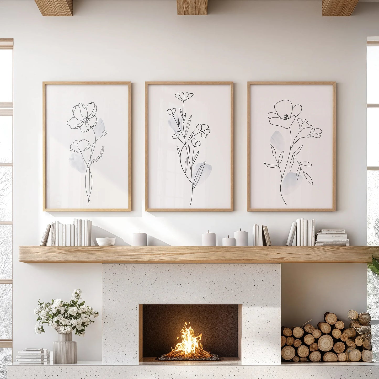 Botanical Line Art Wall Art Set of 3 Black and White
