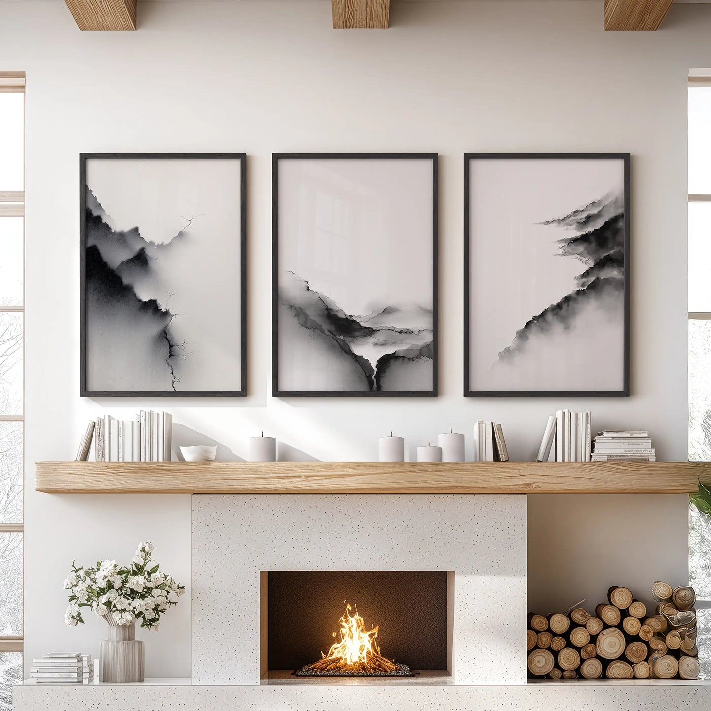 Mountain Landscape Wall Art Set of 3 Black and White Prints