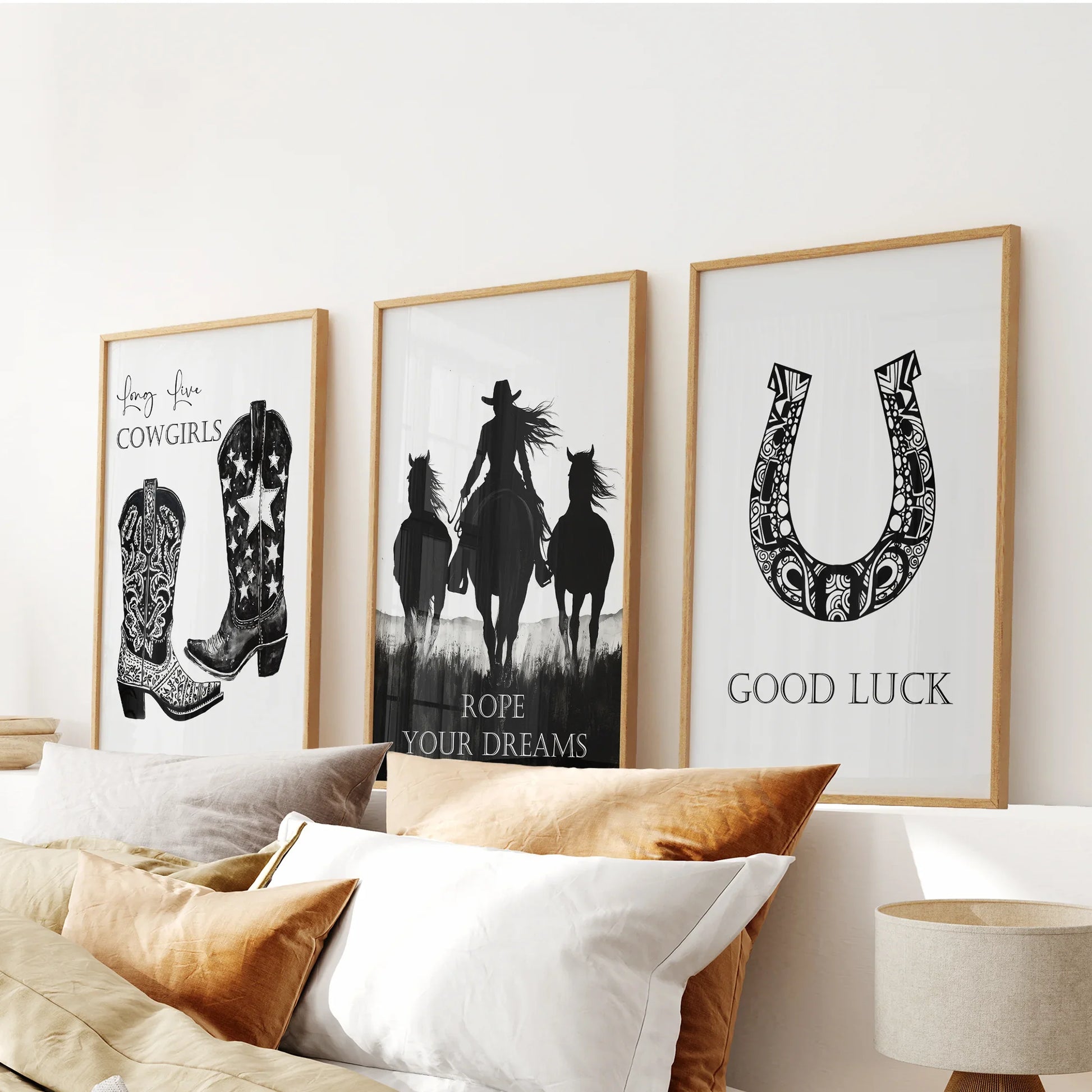 Black and white western cowgirl wall art set of 3 prints