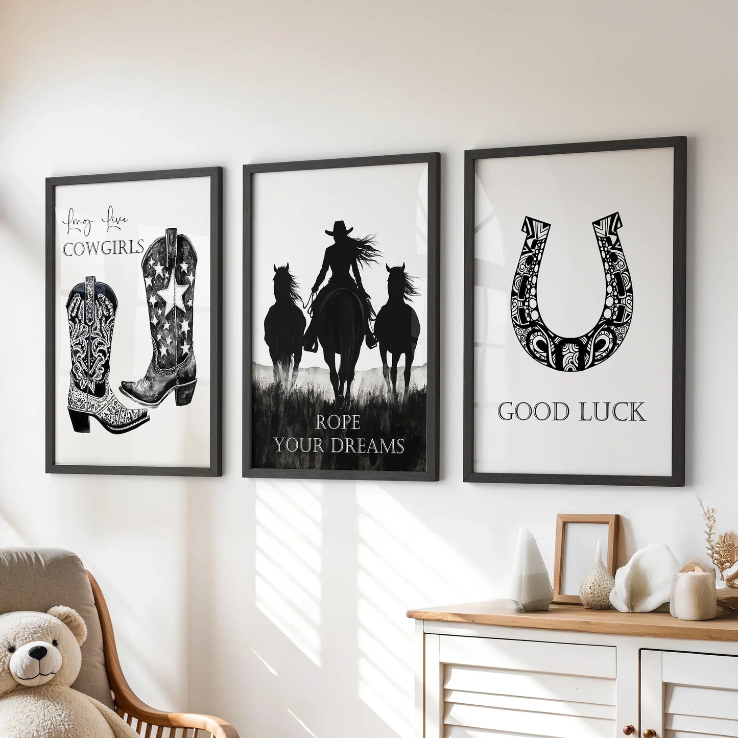 Western Cowgirl Wall Art Set of 3 Black and White Prints