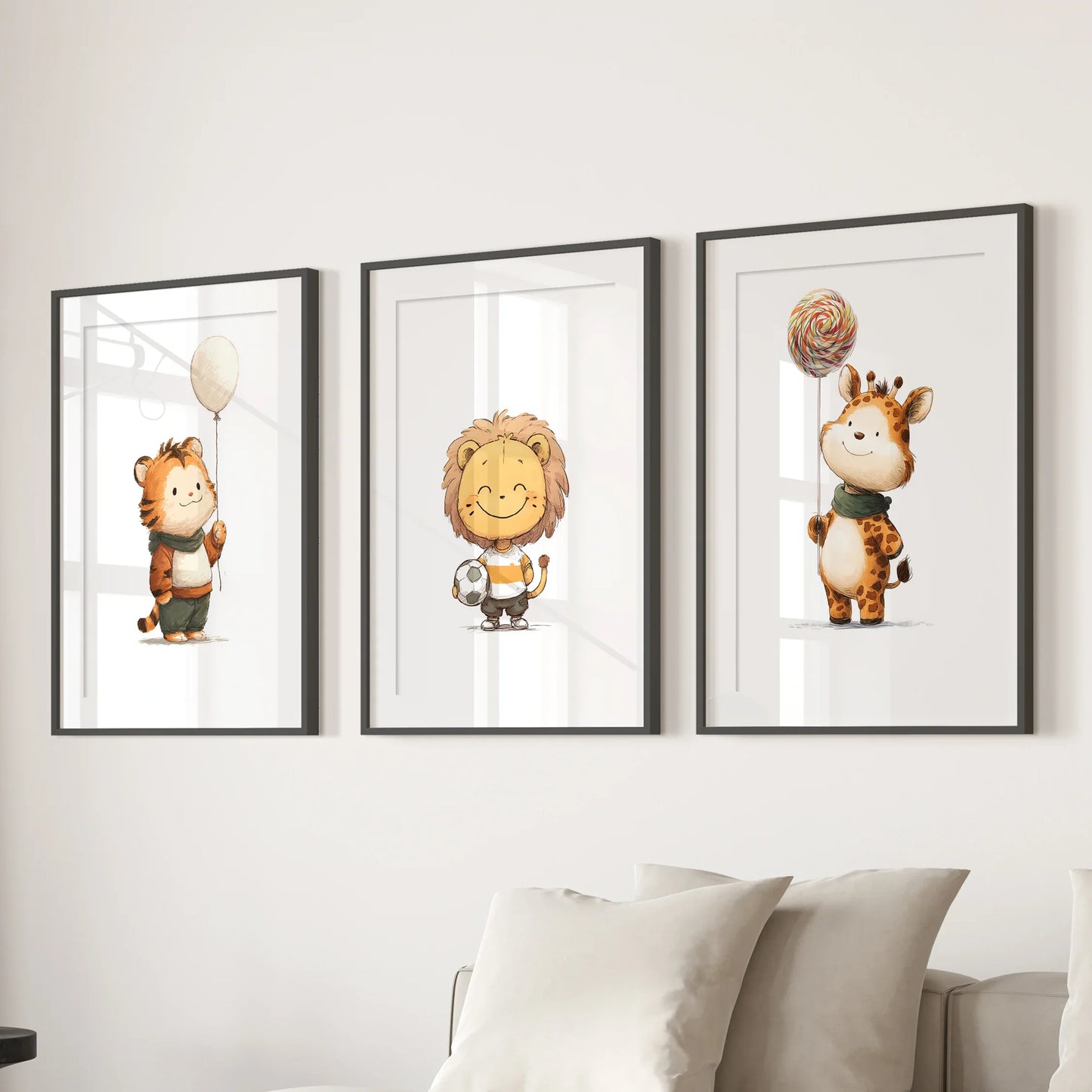 Woodland Jungle Nursery Wall Art Set of 3 - Lion, Giraffe, Tiger