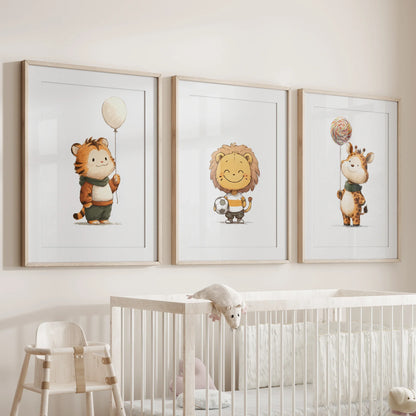 Woodland Jungle Nursery Wall Art Set of 3 - Lion, Giraffe, Tiger