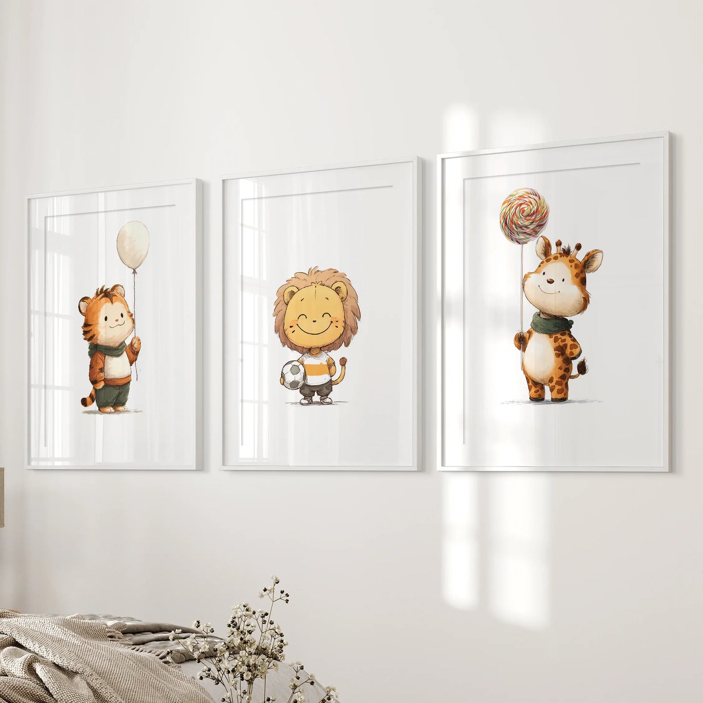 Woodland Jungle Nursery Wall Art Set of 3 - Lion, Giraffe, Tiger