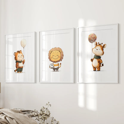 Woodland Jungle Nursery Wall Art Set of 3 - Lion, Giraffe, Tiger