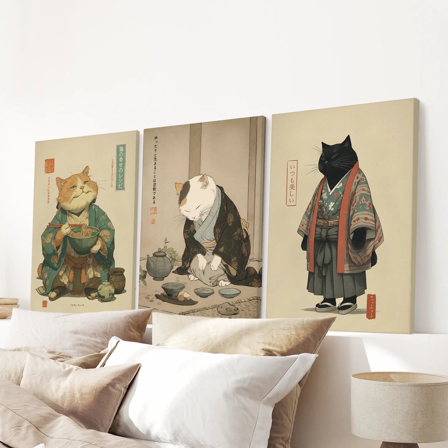 Japanese Ukiyo-e Cat Wall Art, Tea Ceremony Set of 3