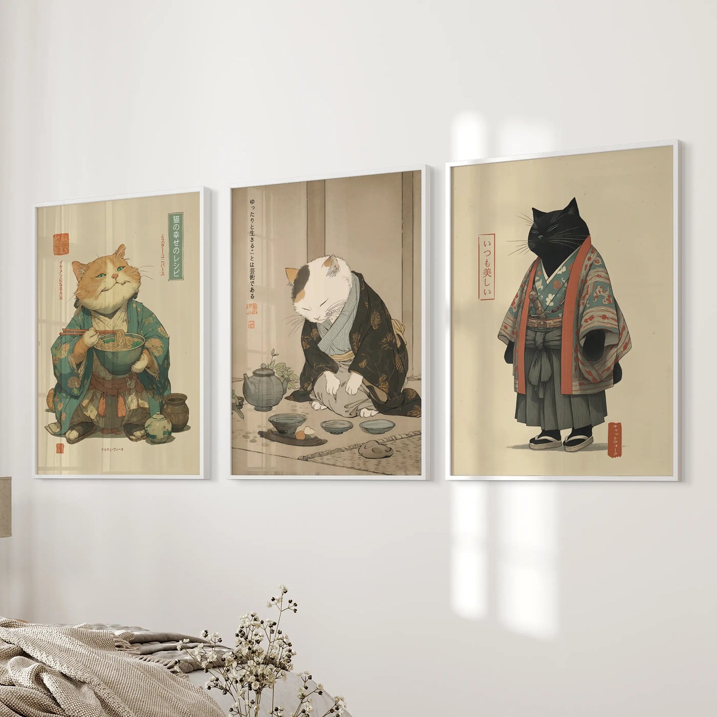 Japanese Ukiyo-e Cat Wall Art, Tea Ceremony Set of 3