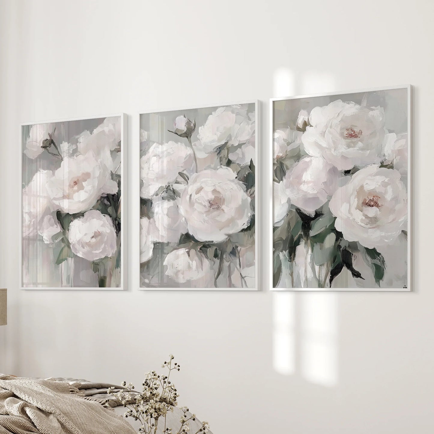 Romantic White Peony Wall Art Set of 3 Floral Prints
