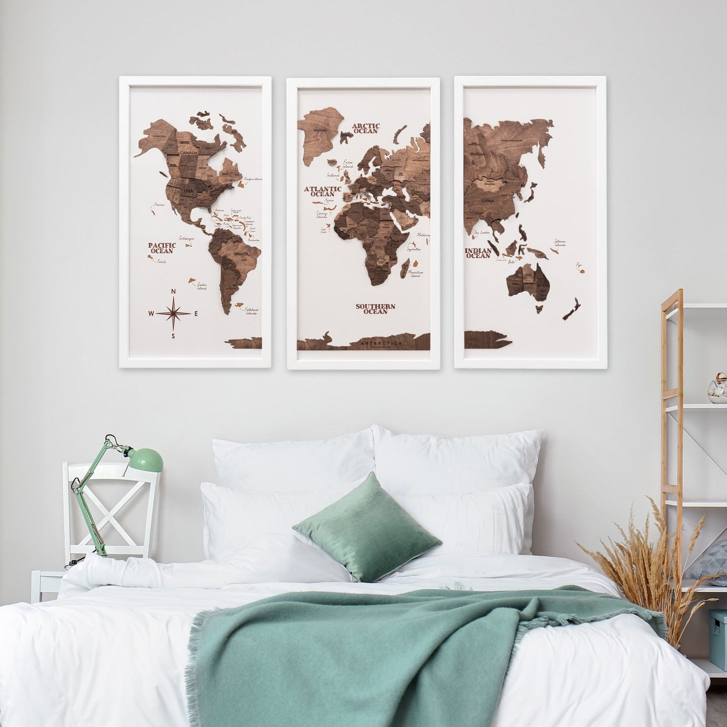 Wooden World Map Triptych Wall Art - Dark Walnut