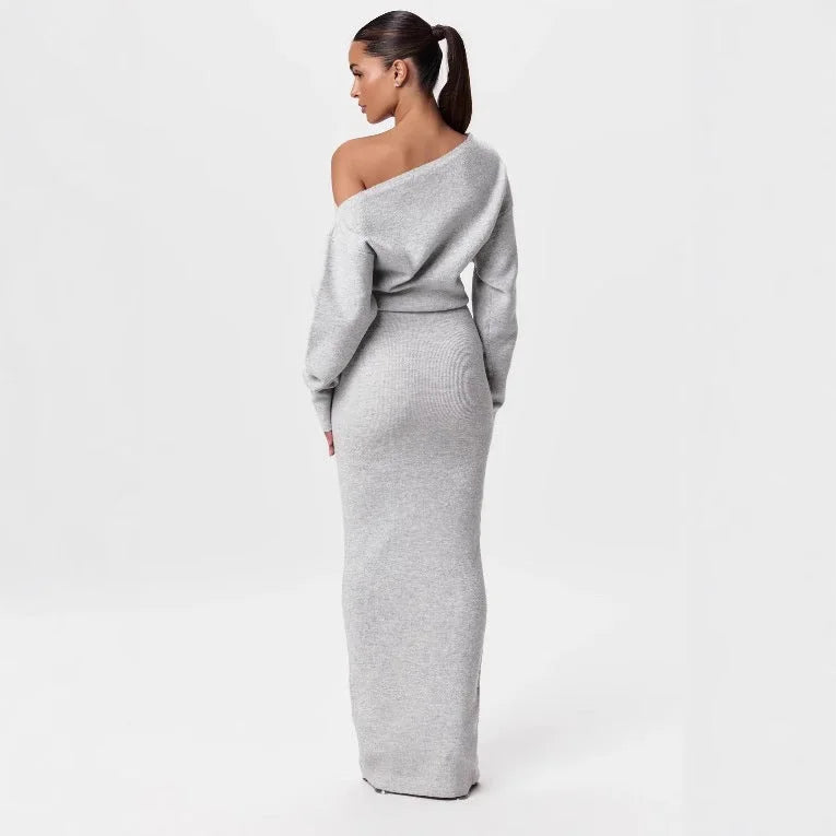 white knit off shoulder long sleeve maxi dress
