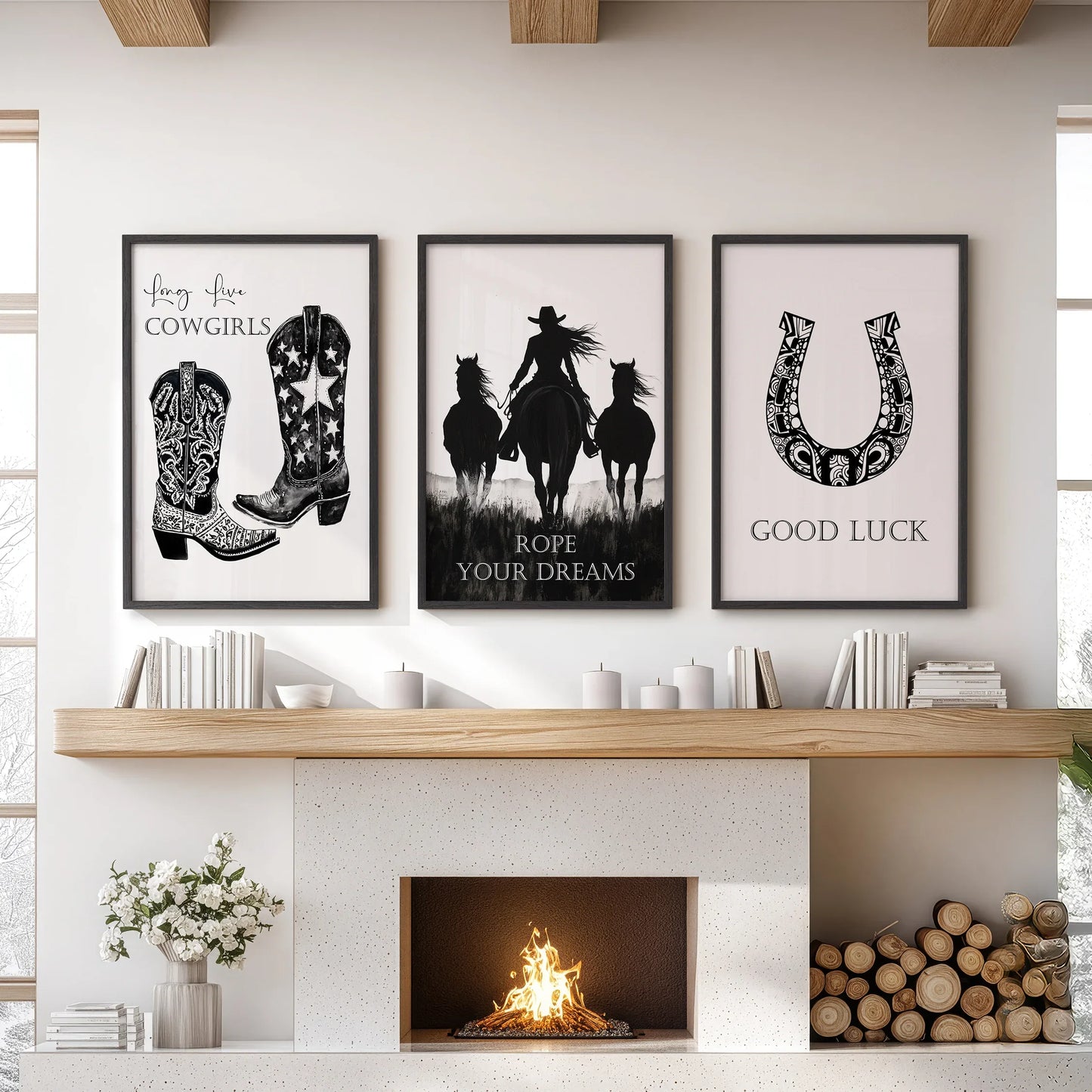 Western Cowgirl Wall Art Set of 3 Black and White Prints