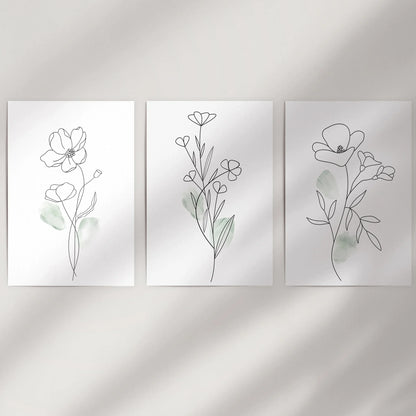 Modern Botanical Line Art Wall Art Set of 3 Floral Prints