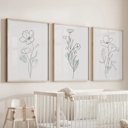 Modern Botanical Line Art Wall Art Set of 3 Floral Prints