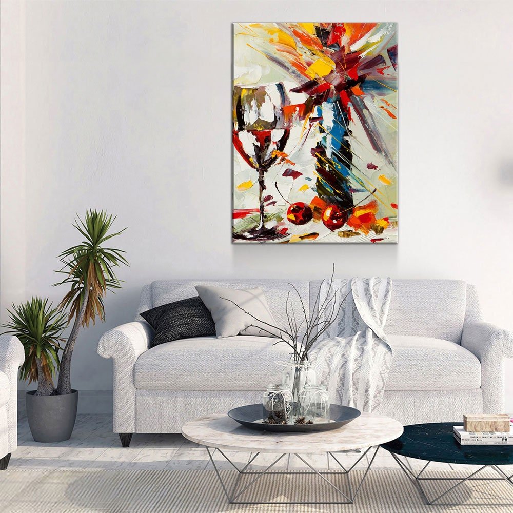Wine And Flowers Abstract Canvas Wall Art, Kitchen Bar Decor