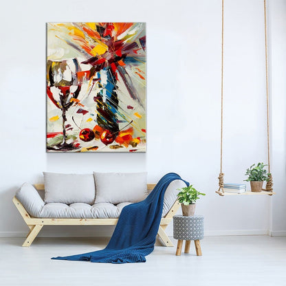 Wine And Flowers Abstract Canvas Wall Art, Kitchen Bar Decor