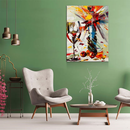 Wine And Flowers Abstract Canvas Wall Art, Kitchen Bar Decor