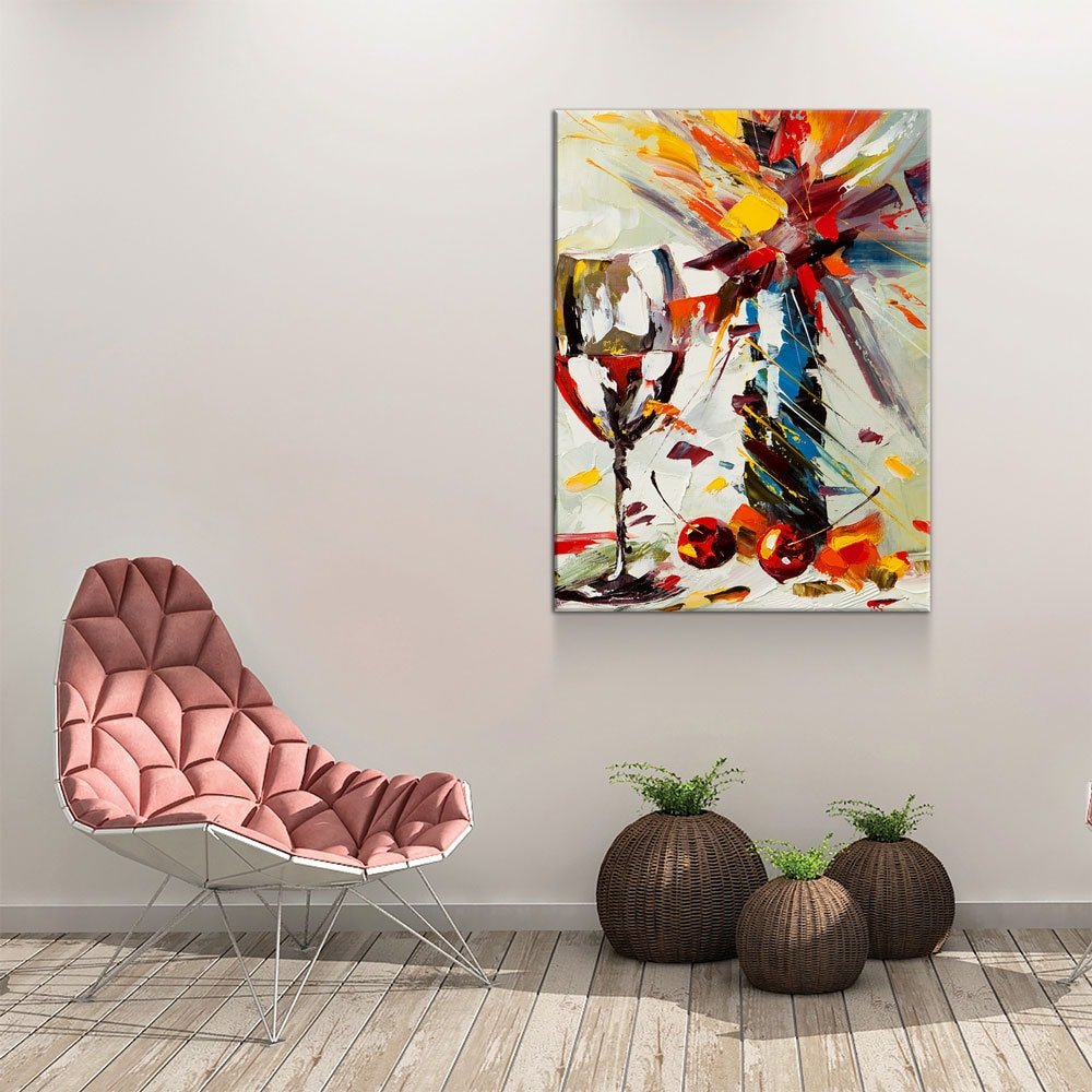Wine And Flowers Abstract Canvas Wall Art, Kitchen Bar Decor