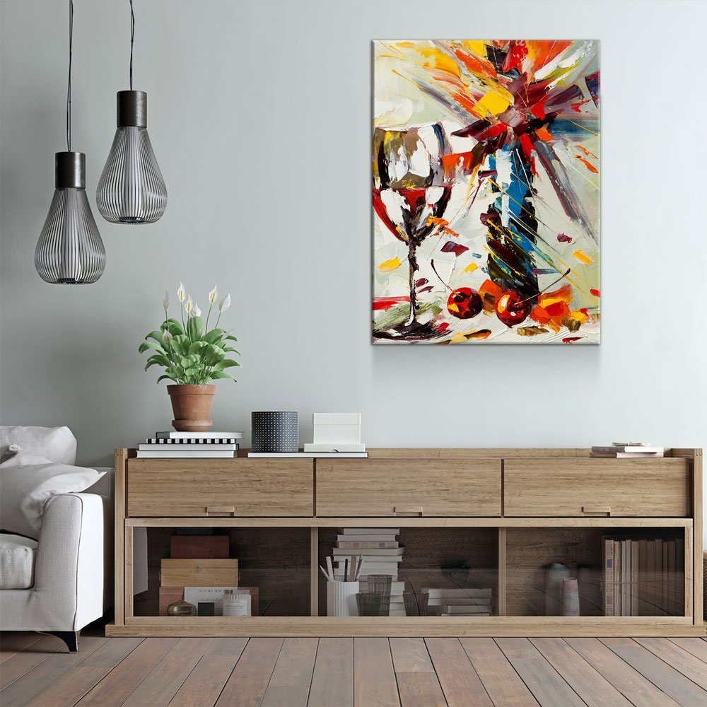 Wine And Flowers Abstract Canvas Wall Art, Kitchen Bar Decor