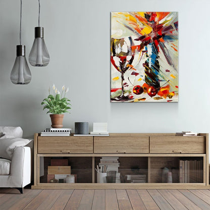 Wine And Flowers Abstract Canvas Wall Art, Kitchen Bar Decor