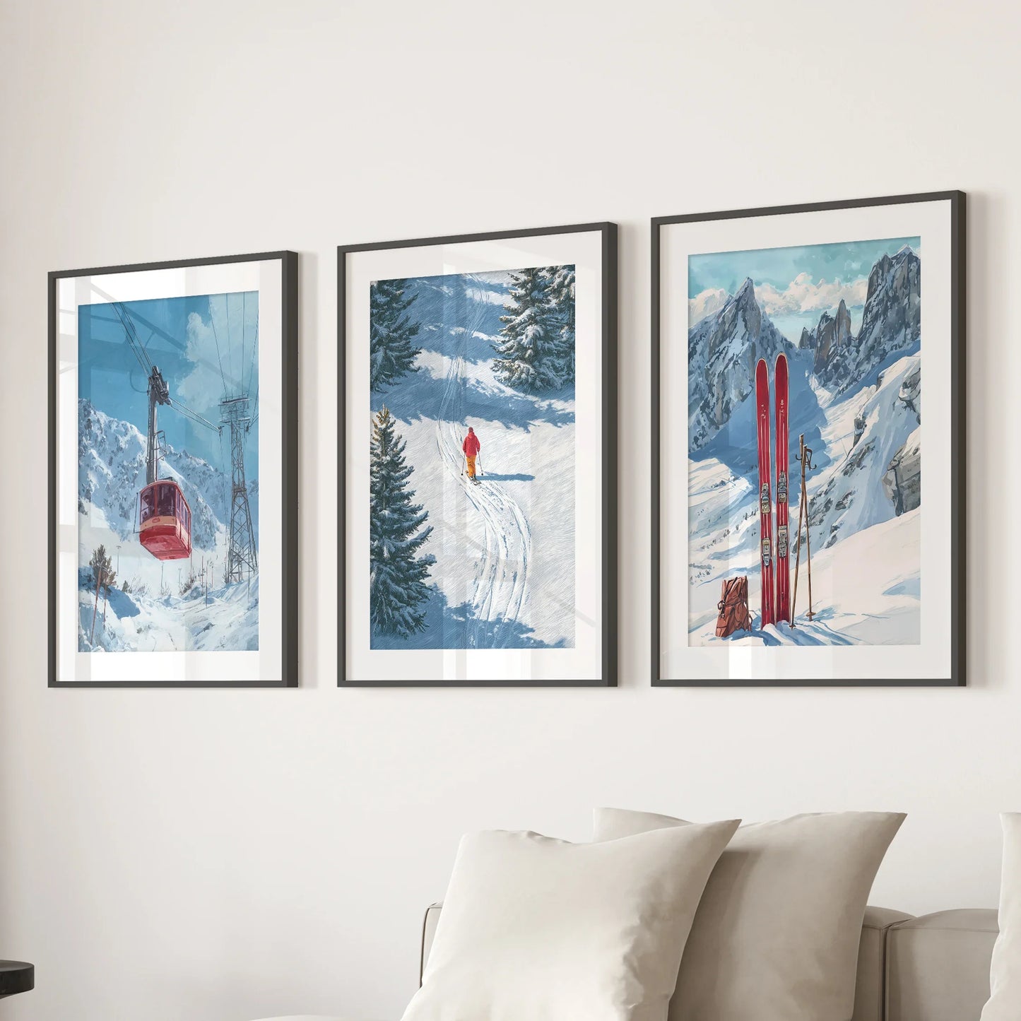 Snowy Mountain Ski Wall Art, 3 Piece Winter Print Set