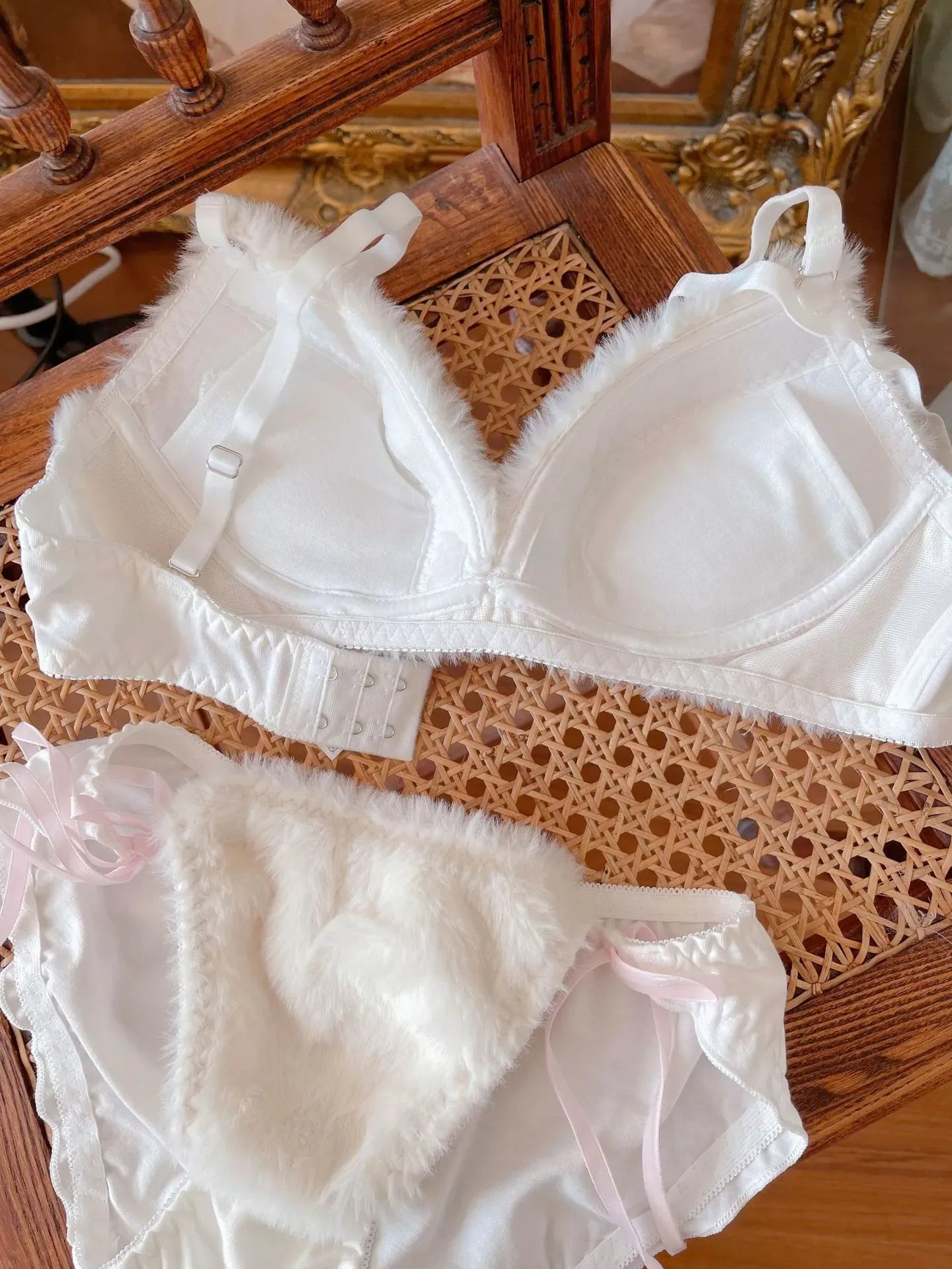 wireless fuzzy bra close-up with adjustable straps