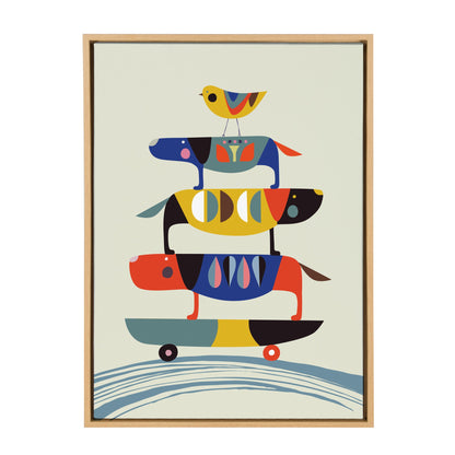 Funky skate dog framed canvas wall art with hot dogs skateboarding in bright colors