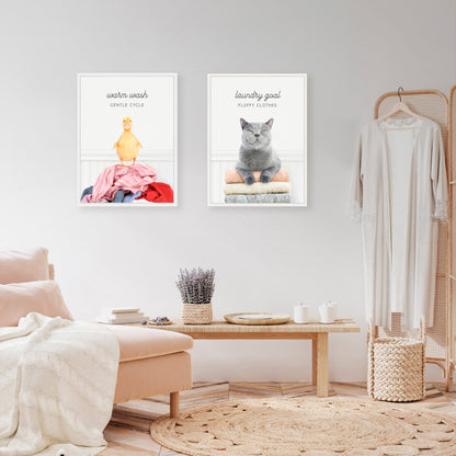 Cat Laundry and Ducky Laundry Framed Canvas Set