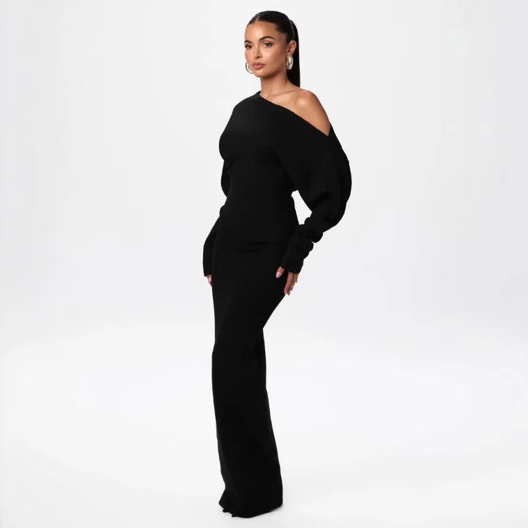 women’s knit maxi dress with fitted waist and long sleeves
