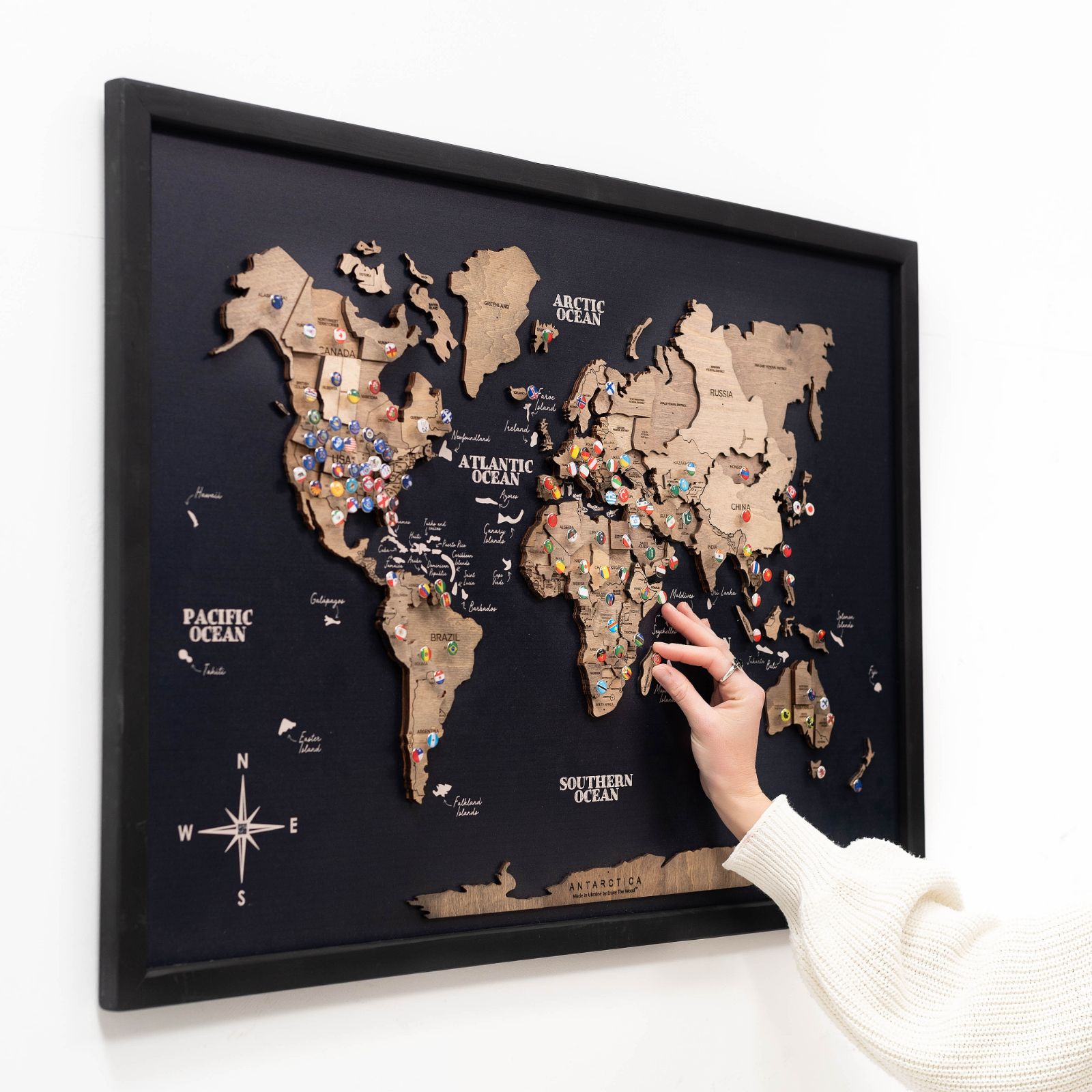3D wooden panel world map wall art in Terra background